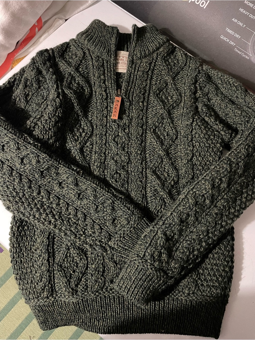100% Merino wool Made in Ireland
 Half-Zip Cable Knit Sweater - Dark Green